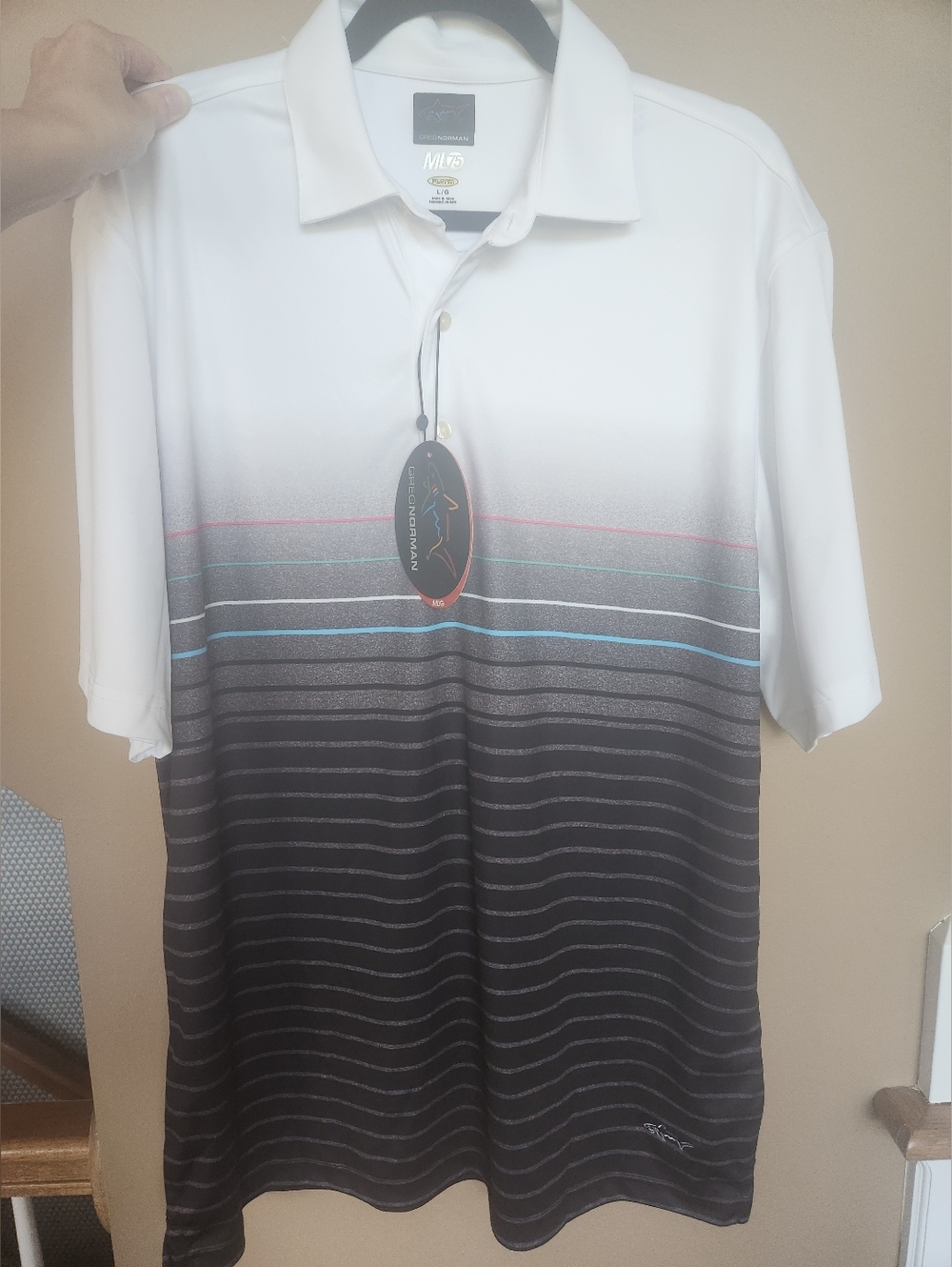 NWT Men's‎ Greg Norman Stripe Polo Shirt - White to Black LG